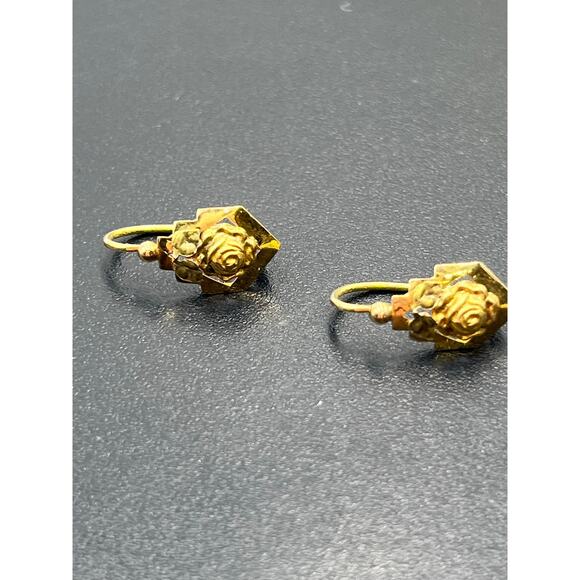 Designer Signed Vintage 18k Yellow Gold Flower Floral Dangle Drop Hook Earrings - Picture 6 of 15